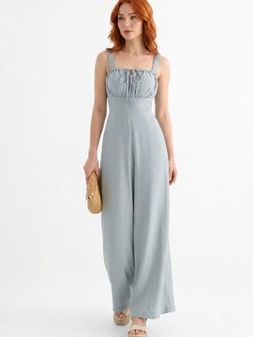 Smocked Bust Wide Leg Jumpsuit in Pale Blue